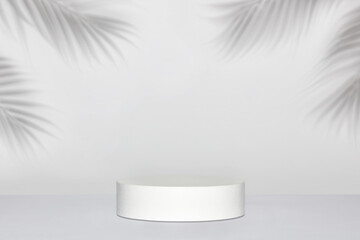 Obraz na płótnie Canvas Abstract empty white podium with leaves shadows on grey background. Mock up stand for product presentation. 3D Render. Minimal concept.