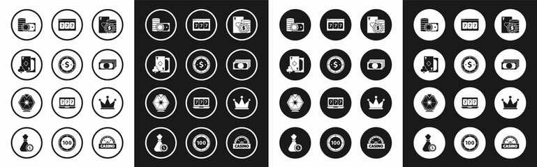 Set Casino chip and playing cards, with dollar, Playing diamonds, chips stacks money cash, Stacks paper, Online slot machine lucky sevens jackpot, Crown and Lucky wheel icon. Vector
