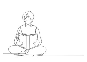 Man reading book. Continuous line. Education, library, literature concept.