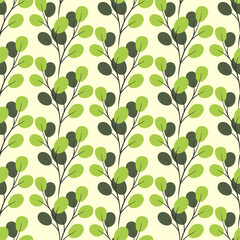 Black branches with green leafs on black background. Floral seamless pattern. Minimalist trendy contemporary design. Best for textile, wallpapers, wrapping paper, package and home decoration. - obrazy, fototapety, plakaty
