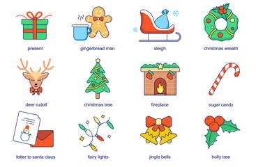 Christmas concept line icons set. Pack outline pictograms of gift, gingerbread man, sleigh, wreath, deer Rudolf, tree, candy, letter, fairy lights. Vector flat elements for mobile app and web design