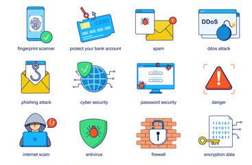 Cyber security concept line icons set. Pack outline pictograms of fingerprint scanner, spam, ddos phishing attack, danger, internet, scam, antivirus. Vector flat elements for mobile app and web design