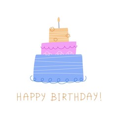 happy birthday - cute simple cake poster isolated on white background vector illustration
