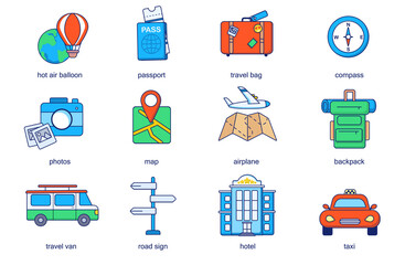 Travel concept line icons set. Pack outline pictograms of hot air balloon, passport, bag, compass, photos, map, airplane, backpack, hotel, taxi. Vector flat elements for mobile app and web design