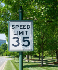 SIgn in the city. Suburban speed limit sign, 35 miles per hour(mph) - obrazy, fototapety, plakaty