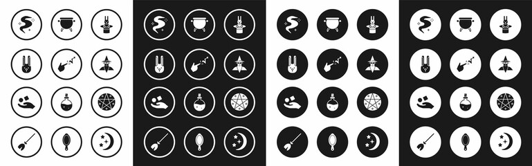 Set Magician hat and rabbit, Spell, Rabbit with ears, fog or smoke, Wizard warlock, Witch cauldron, Pentagram in circle and Cube levitating above hand icon. Vector