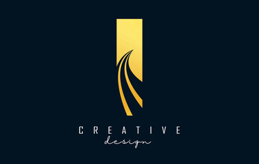 Creative golden letter I logo with leading lines and road concept design. Letter I with geometric design.