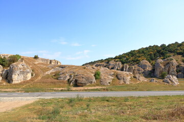 mountain landscape with some of the oldest limestone rock formations in Europe, in Dobrogea Gorges (Cheile Dobrogei), Romania