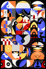 Digital collage, graphics pattern made with abstract forms and generative geometric shapes. Mosaic background in Bauhaus style. Useful for banner, cover, poster. Vector 