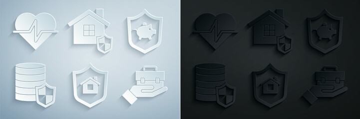 Set House with shield, Piggy bank, Money, Hand holding briefcase, and Life insurance icon. Vector