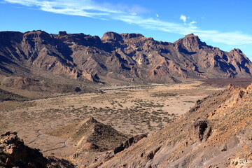 Tenerife, view over Canadas del Teide old crates remains from hiking path of the ascent of Guajara mountain