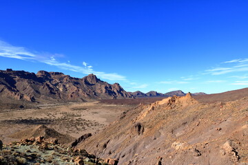 Tenerife, view over Canadas del Teide old crates remains from hiking path of the ascent of Guajara mountain