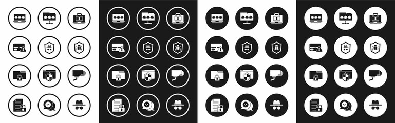 Set Laptop and lock, Incognito mode, Credit card, with password, System bug, Folder, Security camera and icon. Vector