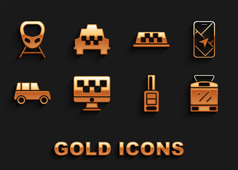 Set Computer call taxi service, City map navigation, Tram and railway, Car key with remote, Taxi car roof, High-speed train and icon. Vector