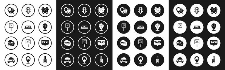 Set Bus, Taxi car roof, Airport, Location with bus, Traffic light, taxi and call telephone service icon. Vector