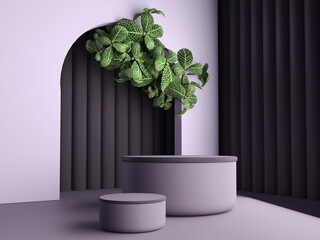 Violet empty mock up space with multiple platforms and green leaf decoration 3D Rendering