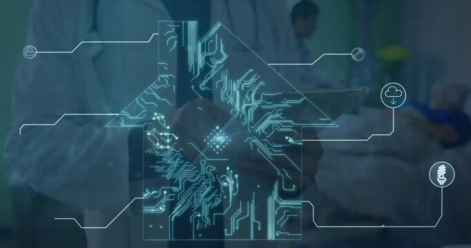 Animation of house made of integrated circuit and icons over hands of doctor using tablet