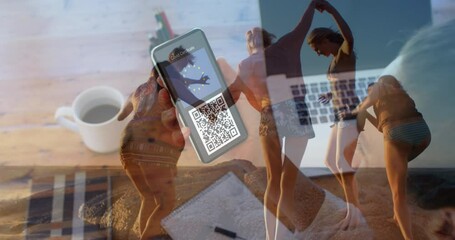Animation of caucasian woman with smartphone with covid passport over people on beach - Powered by Adobe