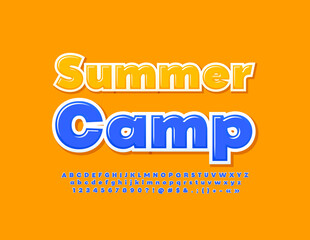 Vector colorful logo Summer Camp. Bright Alphabet Letters and Numbers set. Blue Glossy Font
