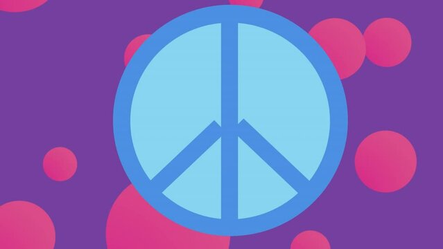 Animation of shapes and peace symbol over blue background