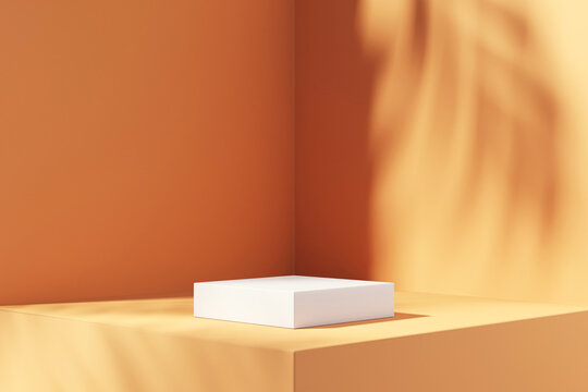 Minimal abstract podium orange color background for product presentation. Tropical leaf shadow on plaster wall. 3d render. Spring and summer.