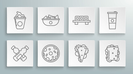 Set line Crossed bottle of water, Nachos in plate, Pizza, Sandwich, Sushi on cutting board, Paper glass and Popcorn cardboard box icon. Vector