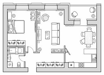Architectural plan icons of a house in top view. Floor plan with furniture. Interior design icons for layouts. Vector. - 513805989