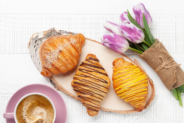 Various croissants and coffee