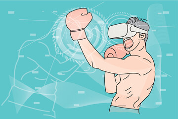 Young athletic man doin uppercut real hard to opponent in virtual reality game. Flat design illustration - obrazy, fototapety, plakaty