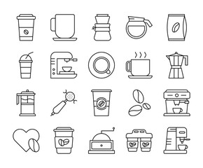 Set of coffee and drink icon with editable stroke line. Simple espresso cup and cappuccino vector illustrations.