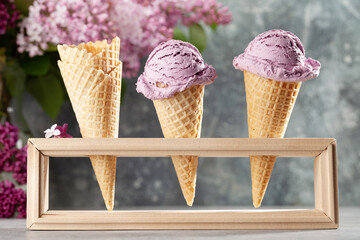 Berry ice cream in waffle cones