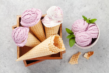 Berry ice cream in waffle cones