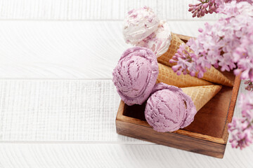 Fototapeta na wymiar Berry ice cream in waffle cones