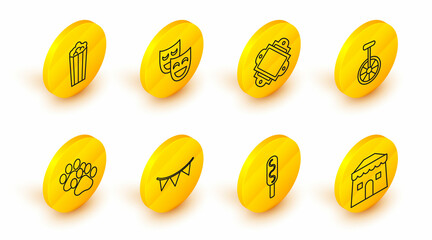 Set line Circus tent, Corn dog, Carnival garland with flags, Paw print, Unicycle one wheel bicycle, Ticket, Comedy theatrical masks and Popcorn cardboard box icon. Vector © Oksana