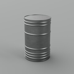 Grey glossy metallic scratched barrel on a light background - grey canister, can, oil, petroleum