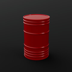 Red glossy plastic barrel on a dark background - red canister, can, oil, petroleum