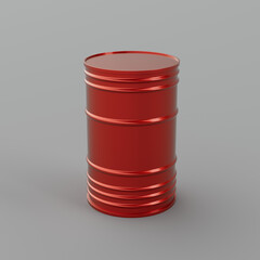 Red glossy metallic barrel on a light background - red canister, can, oil, petroleum