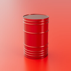 Red glossy metallic barrel on a red background - red canister, can, oil, petroleum