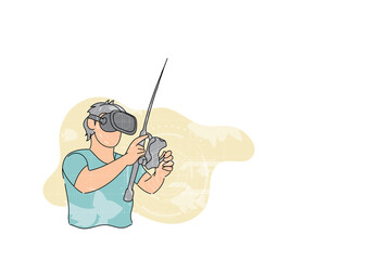 Man using fish rod controller for VR game. Vector illustration design