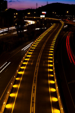 Night view of the exit lane from Barcelona to Girona on the C58, night traffic.