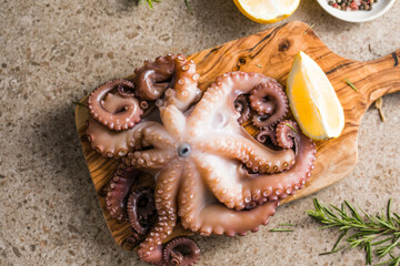 Octopus cooked with chopped herbs served on a  board