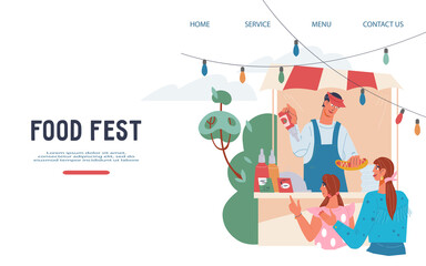 Food fest or street food festival website banner layout with people buying snacks in in mobile street cafe, flat vector illustration.