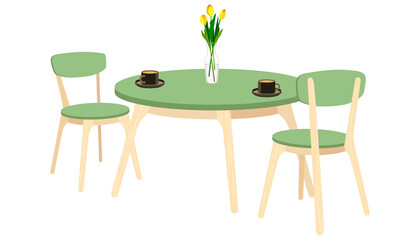 Dining table and chairs for two people. Vector illustration in flat style on a white background. Festive lunch in cafe, restaurant. Drinks and food