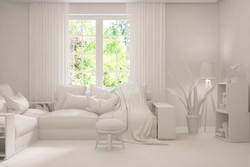 Mock up of minimalist living room in white color with sofa. Scandinavian interior design. 3D illustration