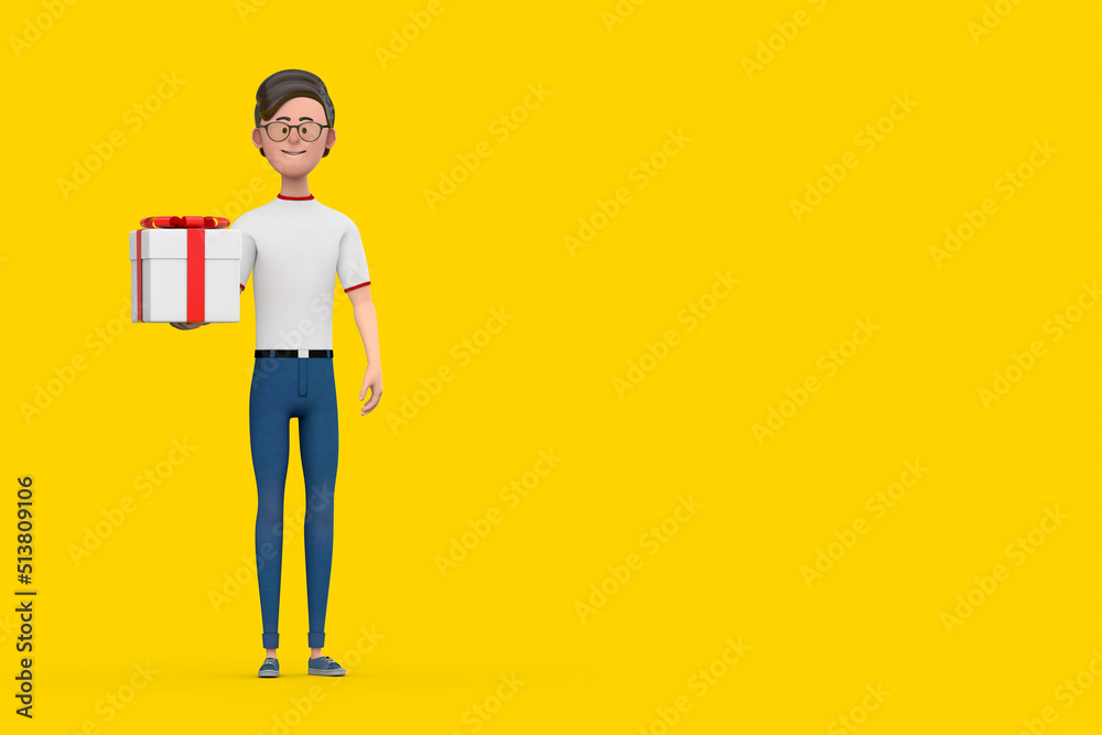 Aufkleber cartoon character person man and gift box with red ribbon. 3d rendering