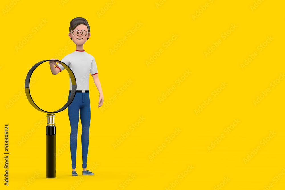 Aufkleber cartoon character person man with magnifying glass. 3d rendering