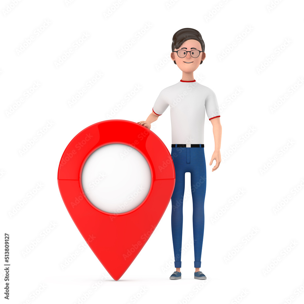 Poster Cartoon Character Person Man with Red Map Pointer Target Pin. 3d Rendering