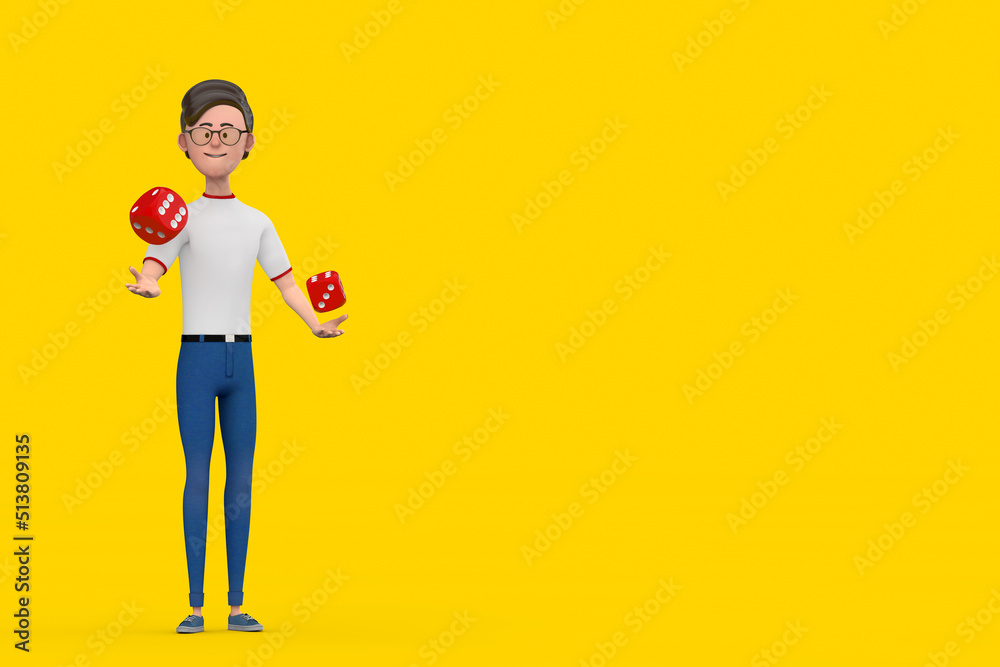 Leinwandbilder cartoon character person man with red game dice cubes in flight. 3d rendering