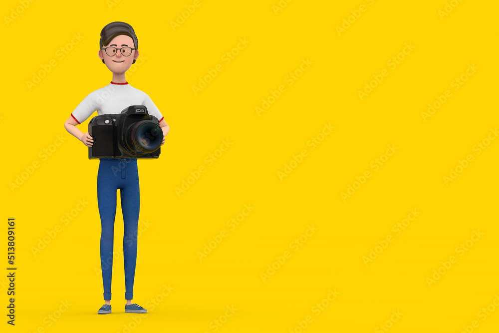 Poster cartoon character person man with modern digital photo camera. 3d rendering