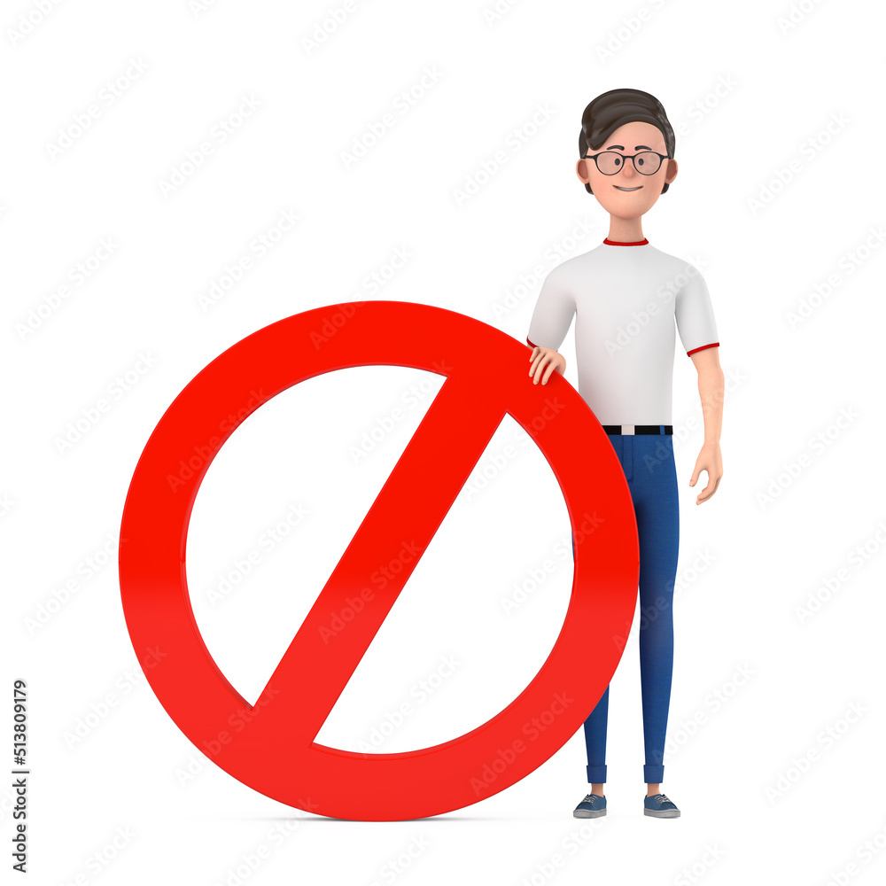 Aufkleber cartoon character person man with red prohibition or forbidden sign. 3d rendering